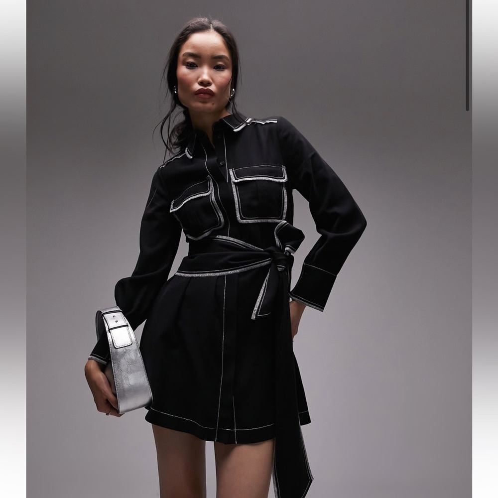 Topshop top stitch mini shirt dress in black